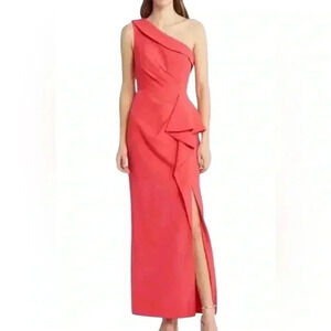 Eliza J women’s pink ruffled sleeveless boat-neck slit gown dress size 10/